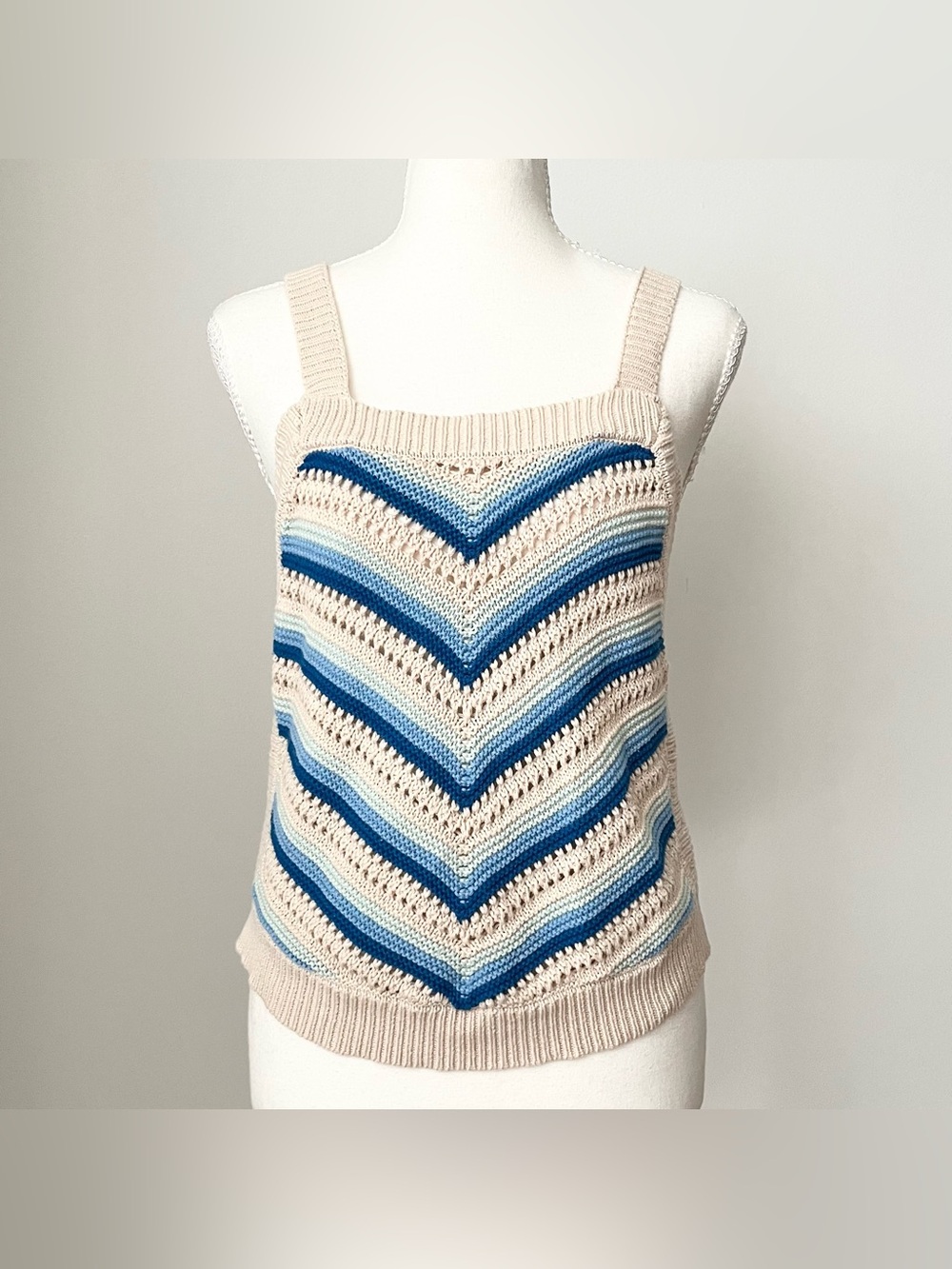 BCBGeneration Women's Open Knit Crochet Tank Top Blue Size L Boho Grandma Chic
